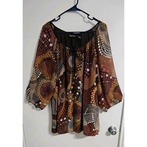 Maggie Barnes Polka Dot Blouse Womens 2X Brown Sheer Sleeves Boho Lagenlook